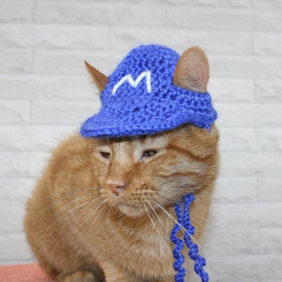 HAND CRAFTED Baseball Cat Hat Visor Crochet Hairy Wig Costume Photo Prop - Picture 4 of 12